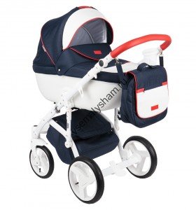 Коляска Adamex Massimo 3 в 1 кожа белая+синий+красный V-9