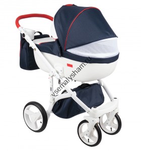 Коляска Adamex Massimo 3 в 1 кожа белая+синий+красный V-9