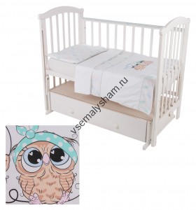 LEADER KIDS, КПБ в кроватку "Совята", (пододеяльник 140*110, наволочка 40*60, простыня сп.место 70*130), (бел), (сатин)